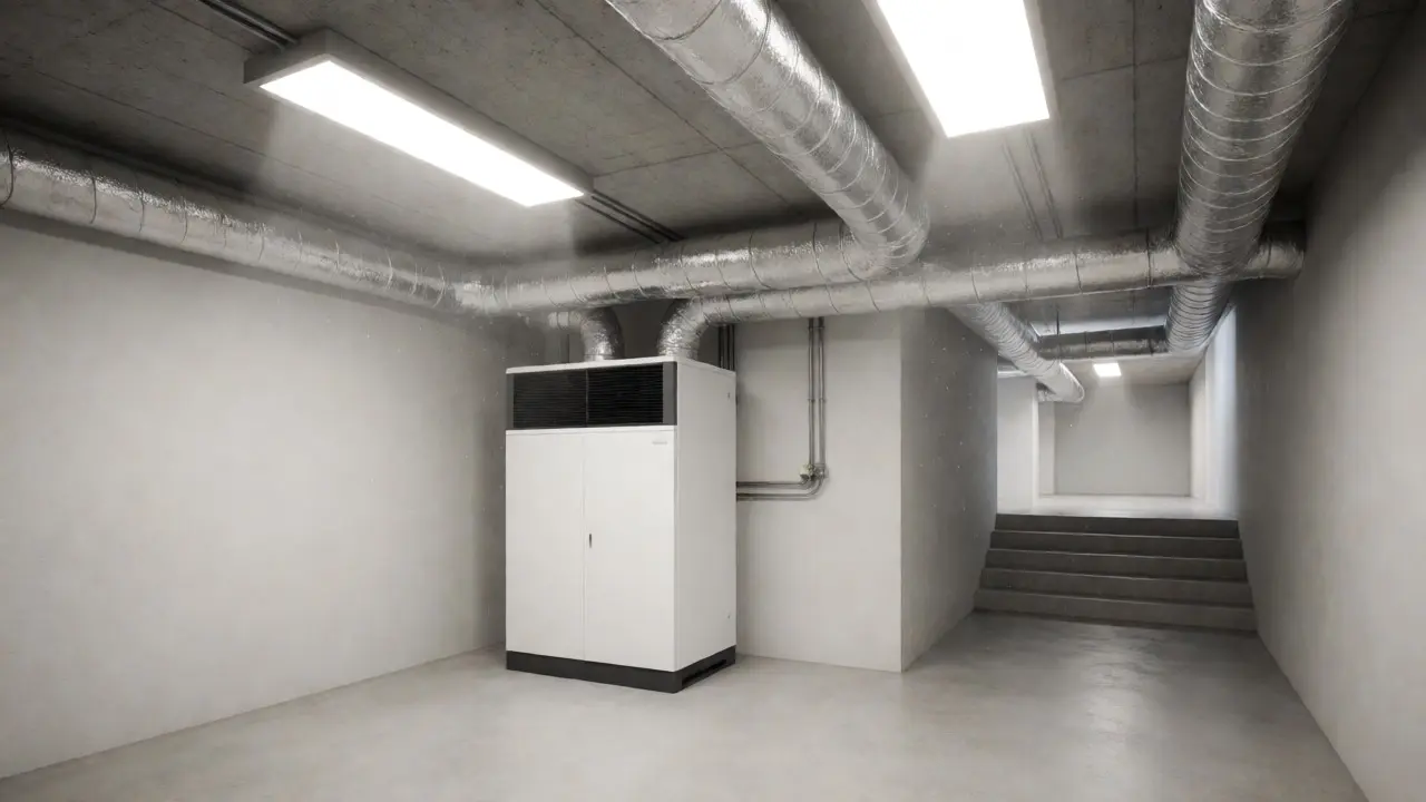 Zentrale KWL-Anlage mit Rohrleitungssystem im Keller eines Hauses