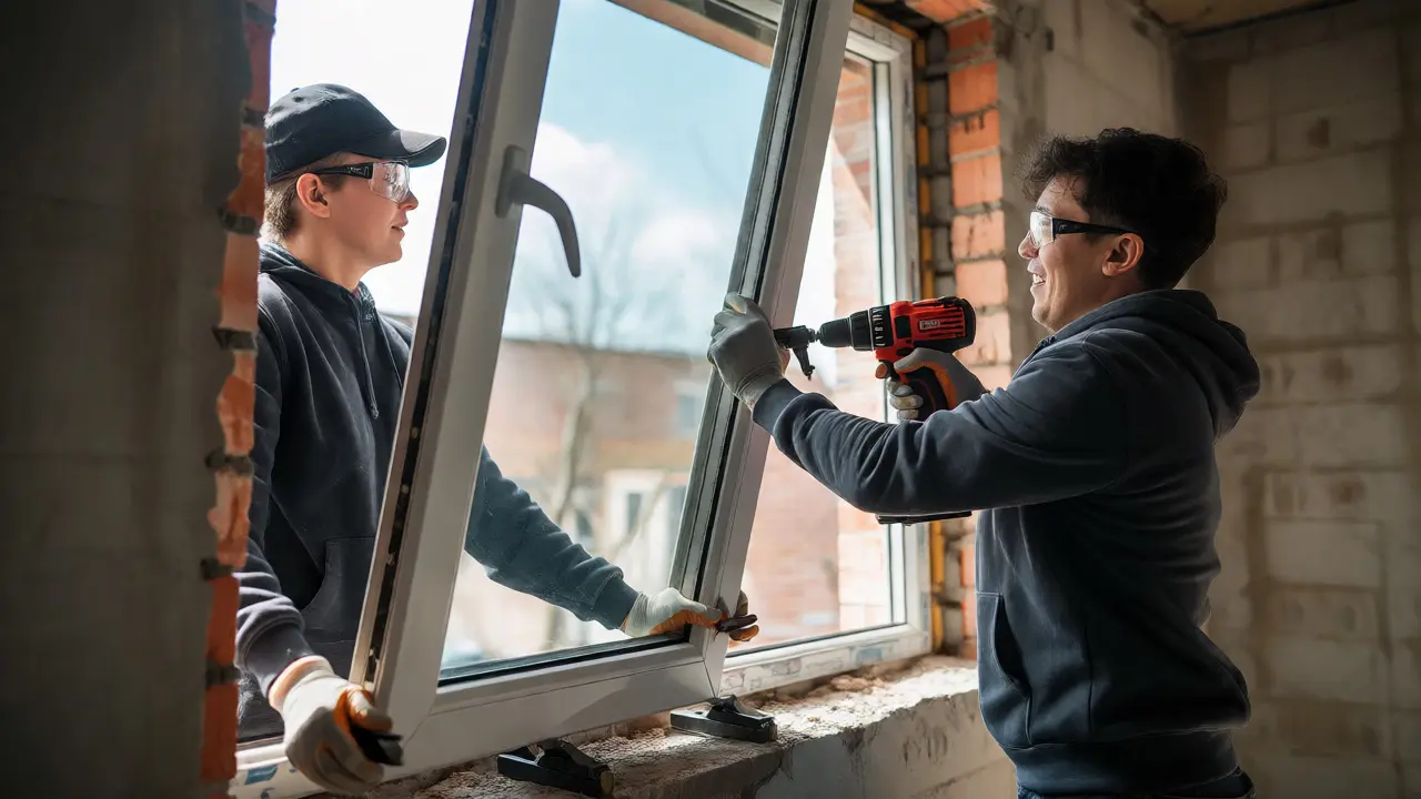 Zwei Personen installieren gemeinsam ein neues Fenster in eine Maueröffnung
