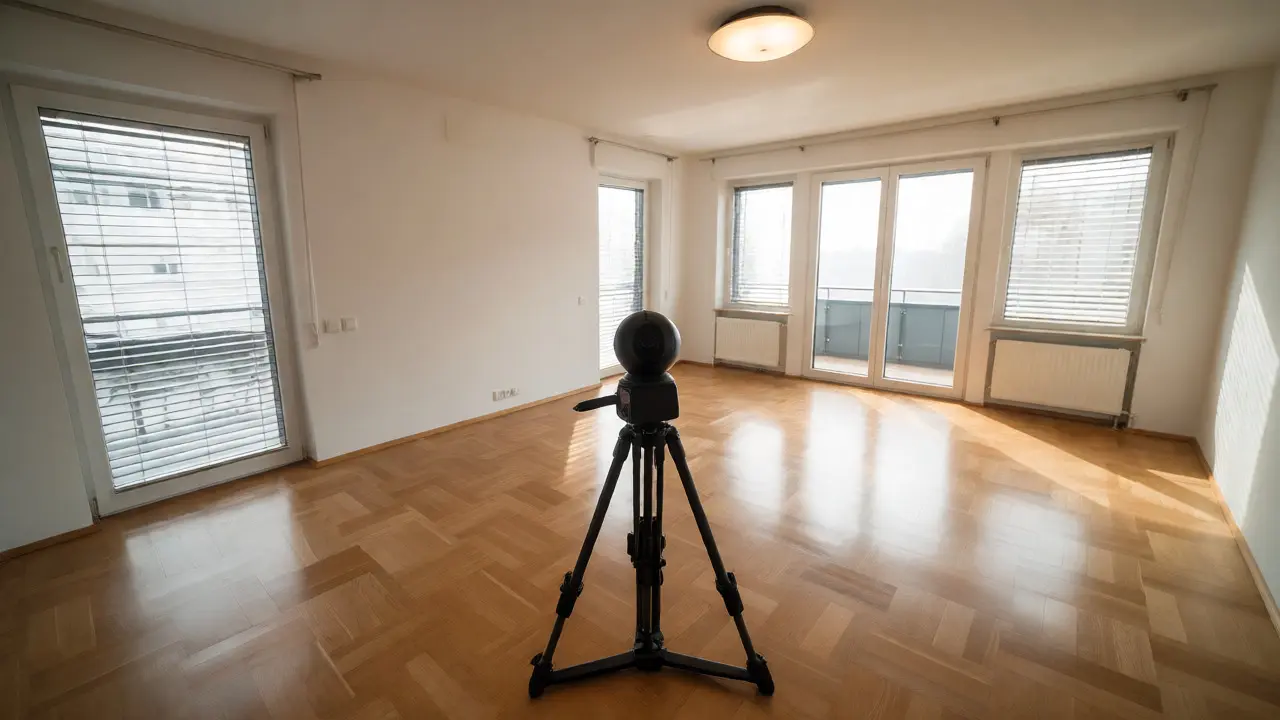 360-Grad-Kamera auf Stativ in einem leeren, hell ausgeleuchteten Raum