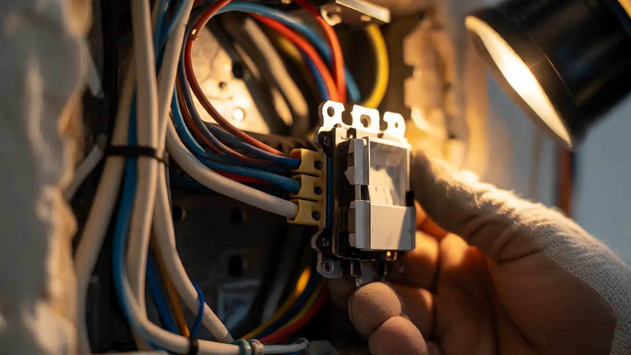 Detailaufnahme der Elektroinstallation mit Nullleiter im Schalterkasten