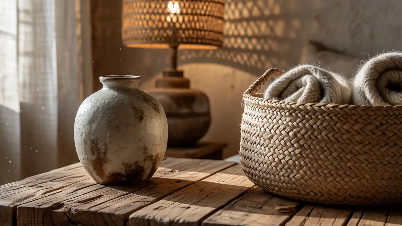 Detailaufnahme von natürlichen Materialien wie Holz, Rattan und Keramik im Boho-Stil