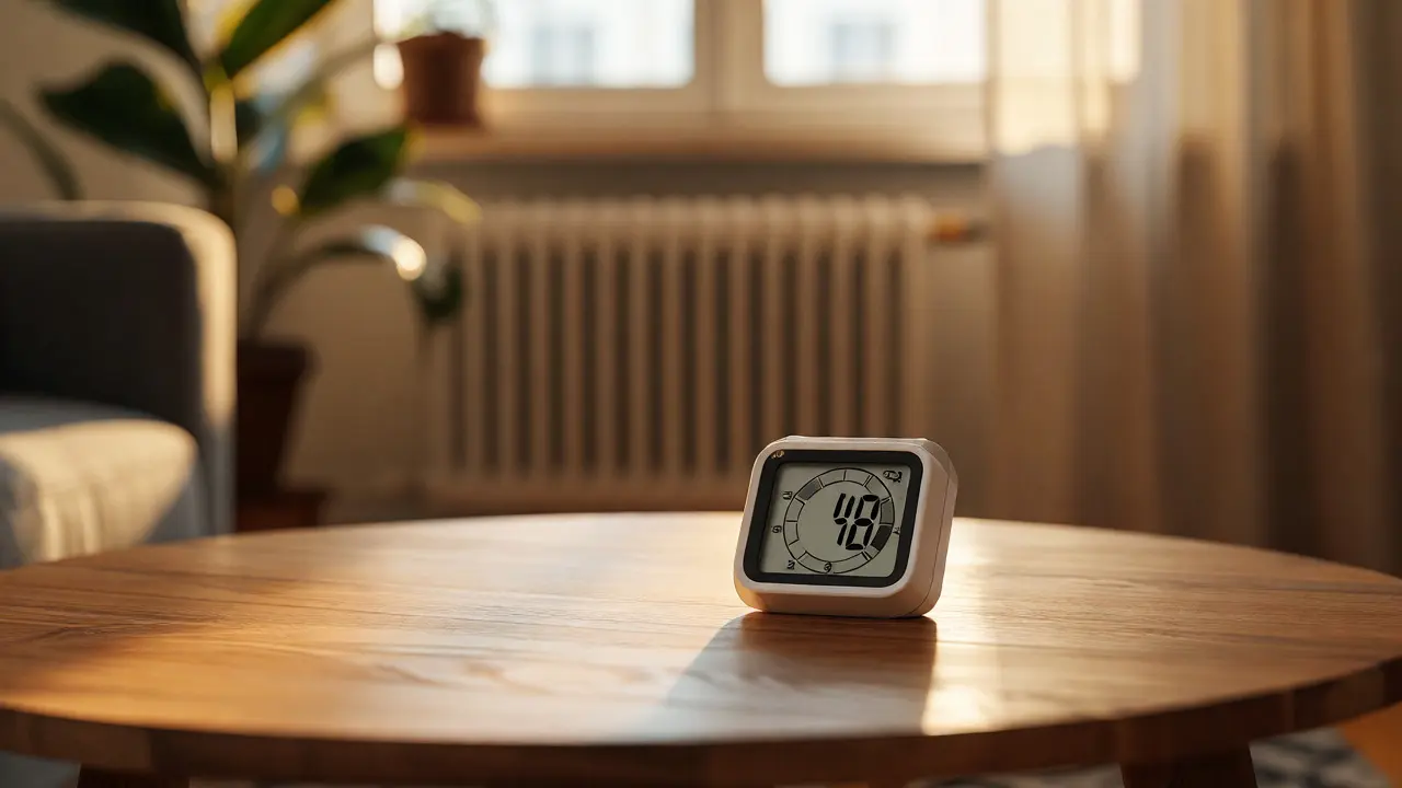 Digitales Hygrometer auf einem Tisch zur Überwachung der Raumluftfeuchtigkeit