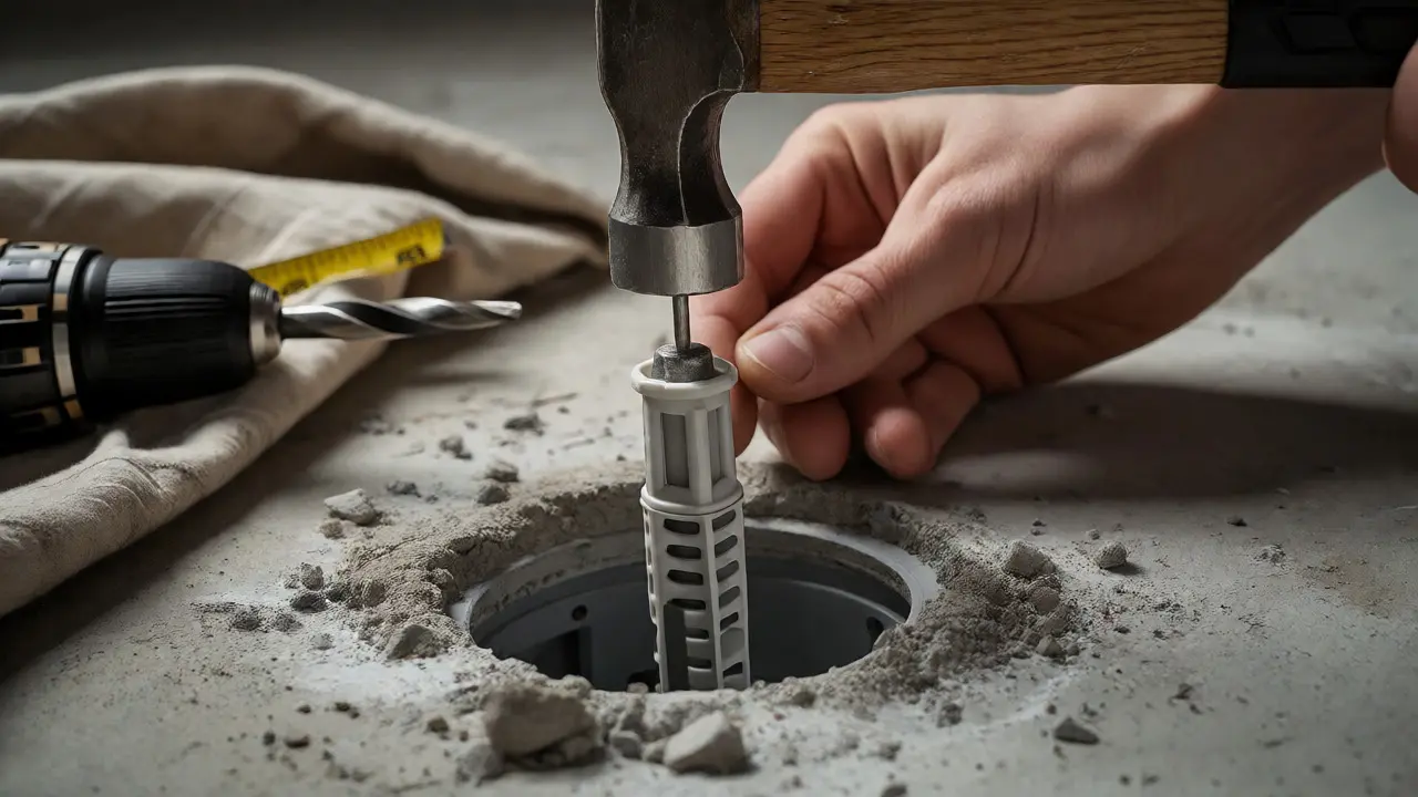 Einsetzen eines Spreizdübels in eine Betondecke zur sicheren Befestigung einer Leuchten-Montageplatte.