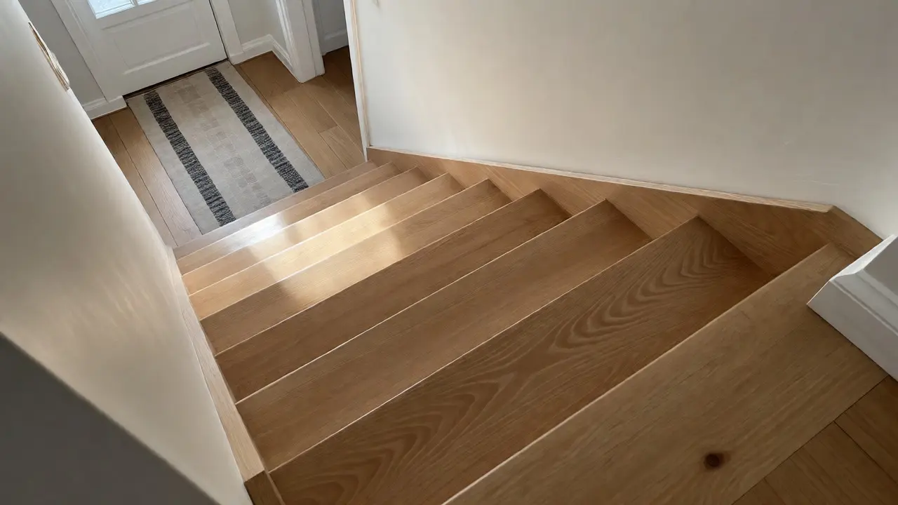 Frisch renovierte Holztreppe mit glattem Lackfinish