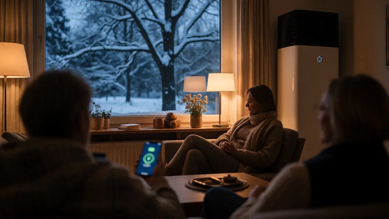 Gemütliches Wohnzimmer im Winter mit Blick auf schneebedecktes Dach, symbolisiert Energieunabhängigkeit