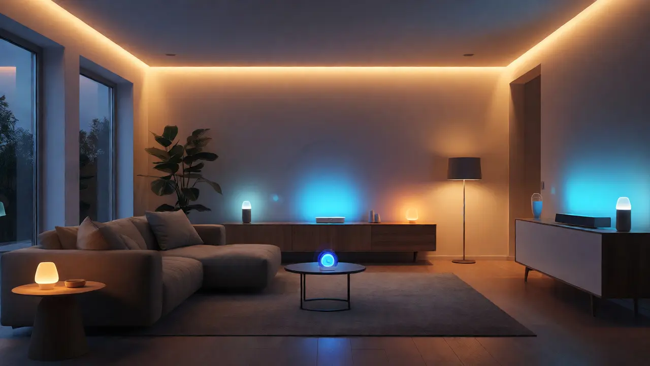 Gemütliches Wohnzimmer mit integrierter Smart-Home-Beleuchtung
