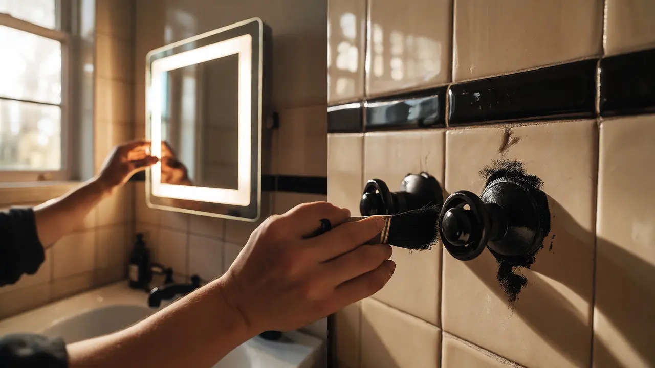 Hände lackieren Armaturen schwarz im Bad, während neues Licht den Raum modernisiert.