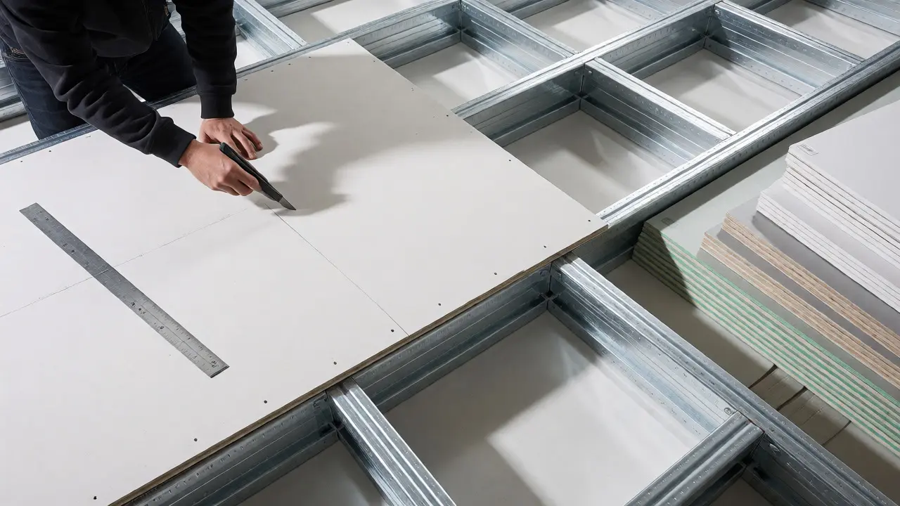 Handwerker schneidet Gipskartonplatten vor einem Metallständerwerk zu