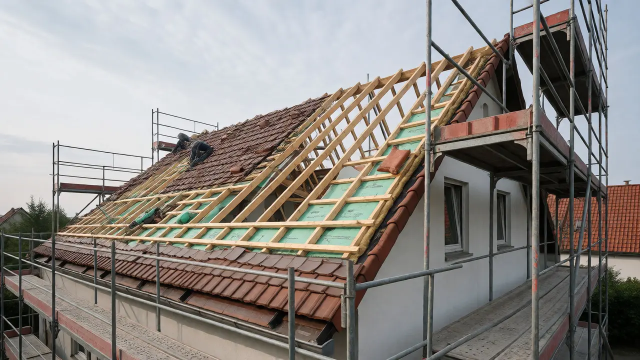 Haus mit Gerüst bei der kompletten Dachsanierung und Dämmung
