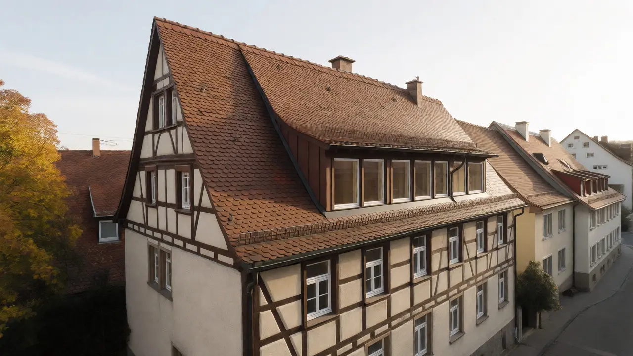 Historisches Gebäude mit integrierter Schleppgaube, die sich harmonisch in die Dachneigung einfügt.