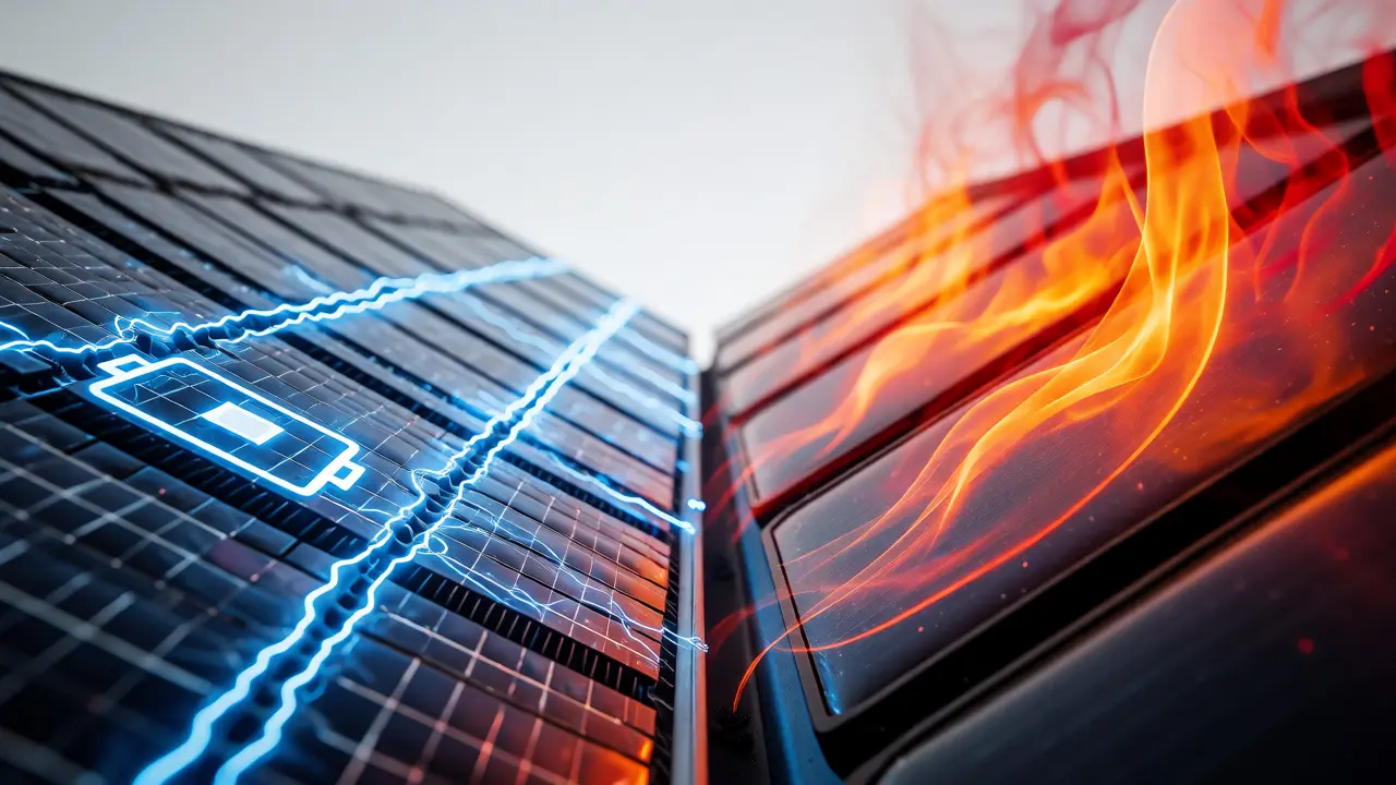 Konzeptuelle Darstellung der Umwandlung von Sonnenlicht in Strom und Wärme durch Solartechnik
