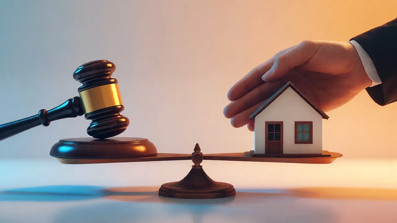 Konzeptuelle Darstellung einer Waage mit Hammer und Händedruck als Symbol für Mediation versus Gericht.