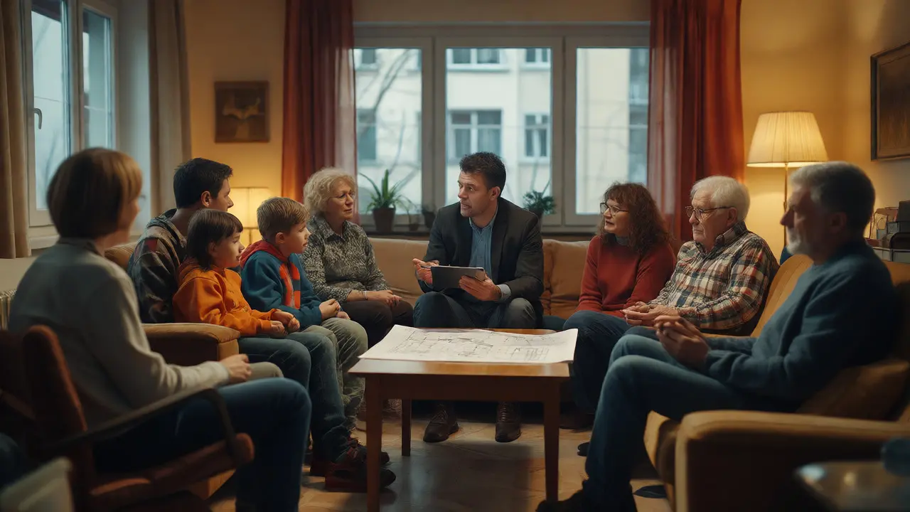 Mieter und Projektmanager diskutieren Sanierungspläne in einem Wohnzimmer
