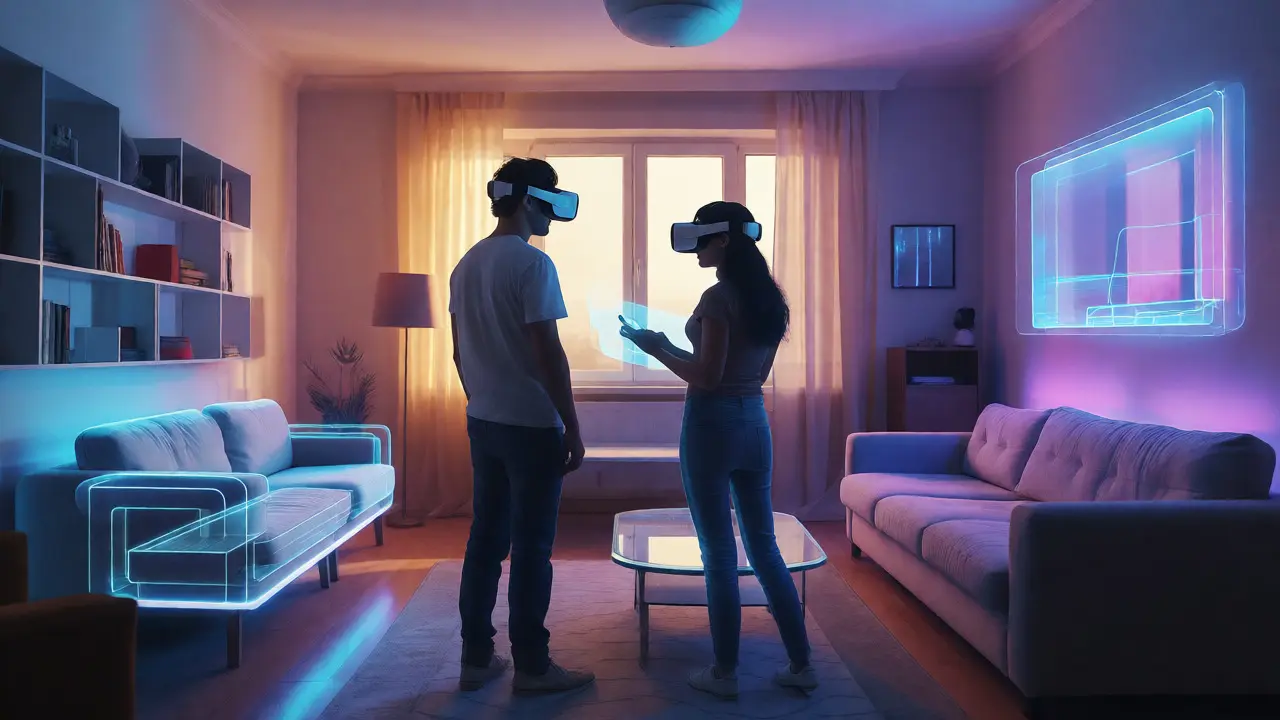 Paar mit VR-Brillen sieht holografische Möbelprojektion im leeren Zimmer