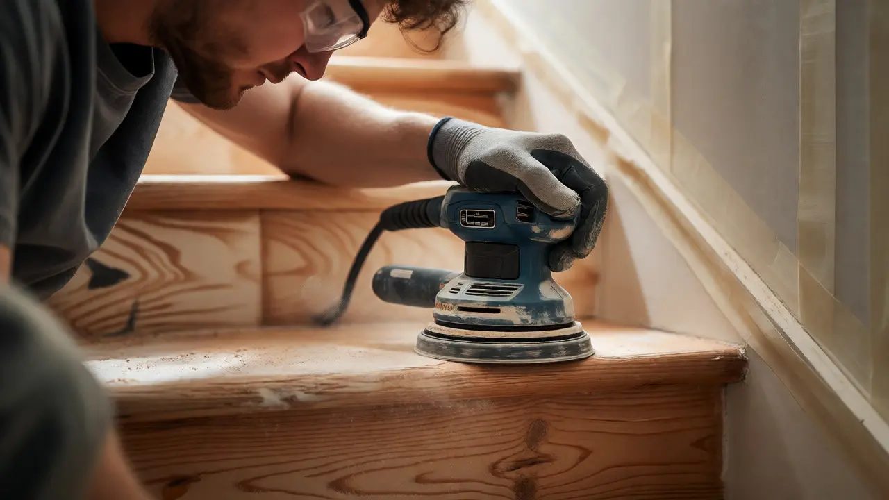 Person schleift eine Holztreppe mit einem Exzenterschleifer