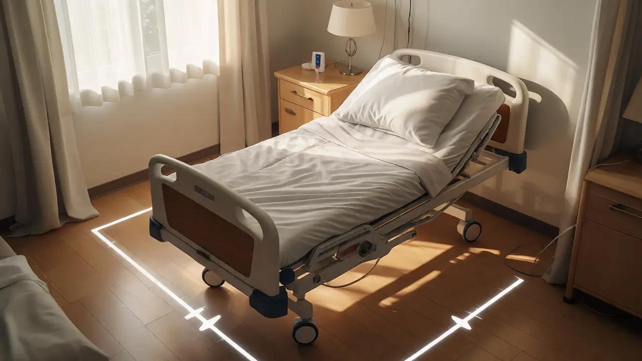 Pflegebett mit ausreichend Bewegungsfreiheit auf beiden Seiten im Schlafzimmer