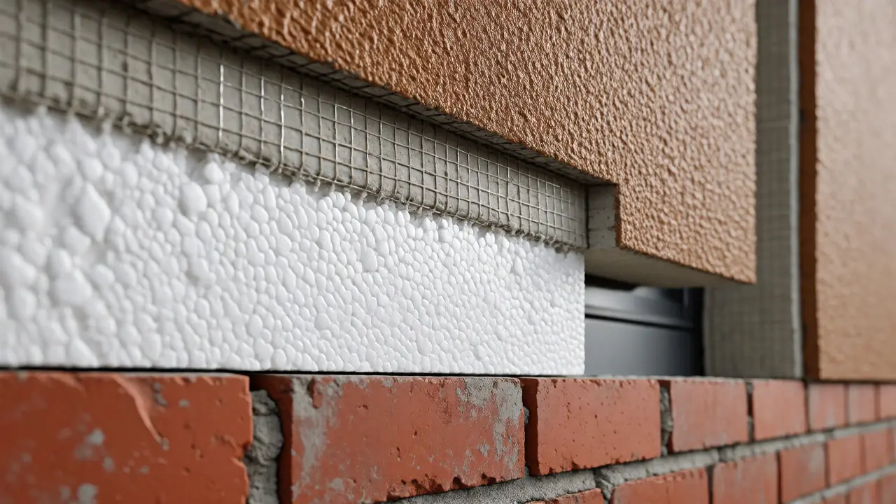 Querschnitt durch eine WDVS-Fassadendämmung aus Ziegel, Dämmstoff und Putz