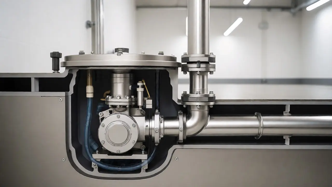 Querschnitt einer Abwasserhebeanlage mit Pumpe und Druckleitung.