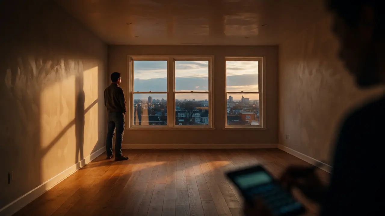 Renoviertes Wohnzimmer mit Blick auf die Stadt bei Abenddämmerung.