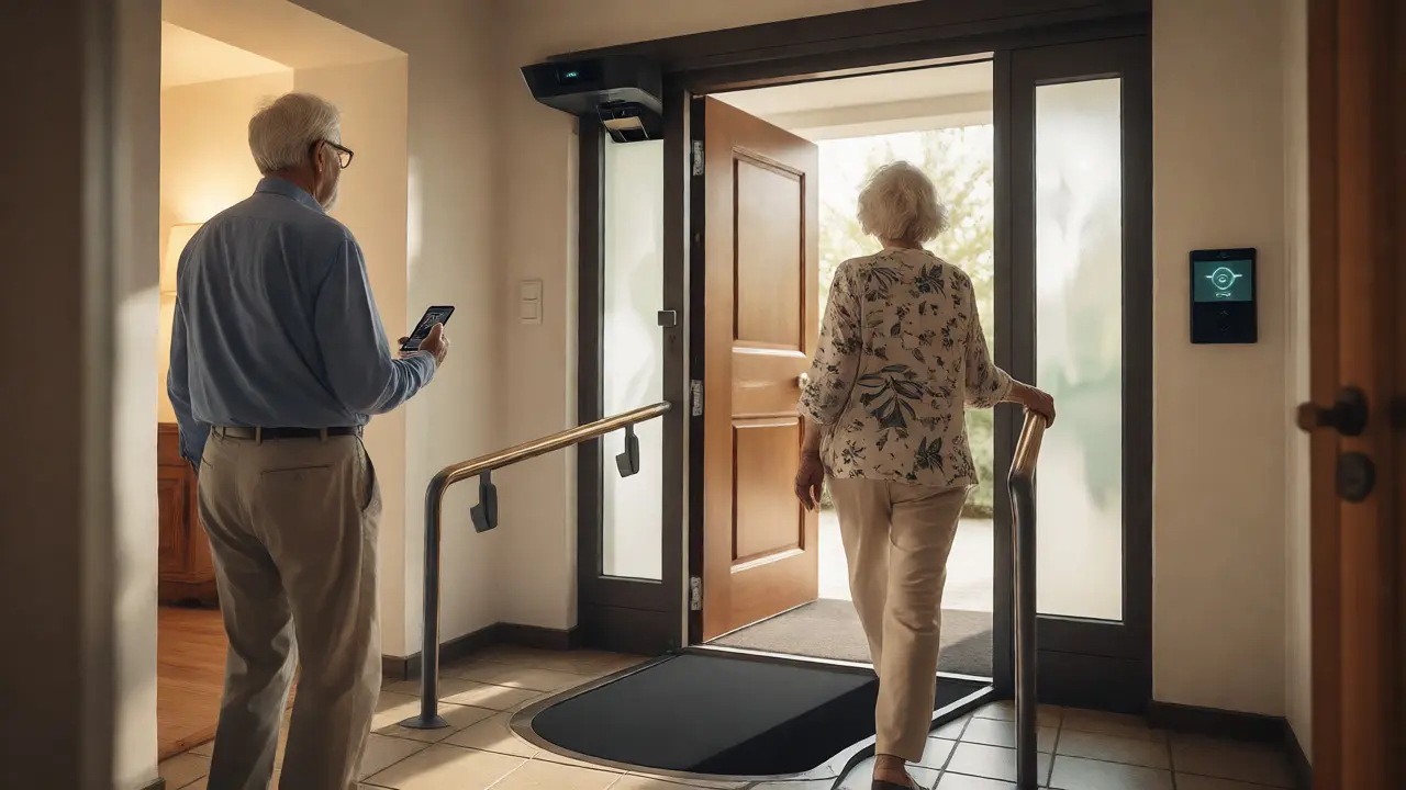 Senioren nutzen Smart-Home-Funktionen und Rampen im barrierefreien Eingangsbereich