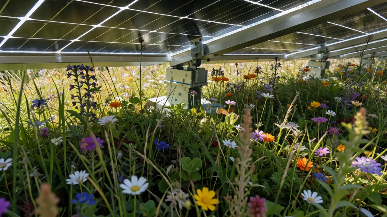 Solargründach mit erhöhten Modulen über Wildblumenwiese