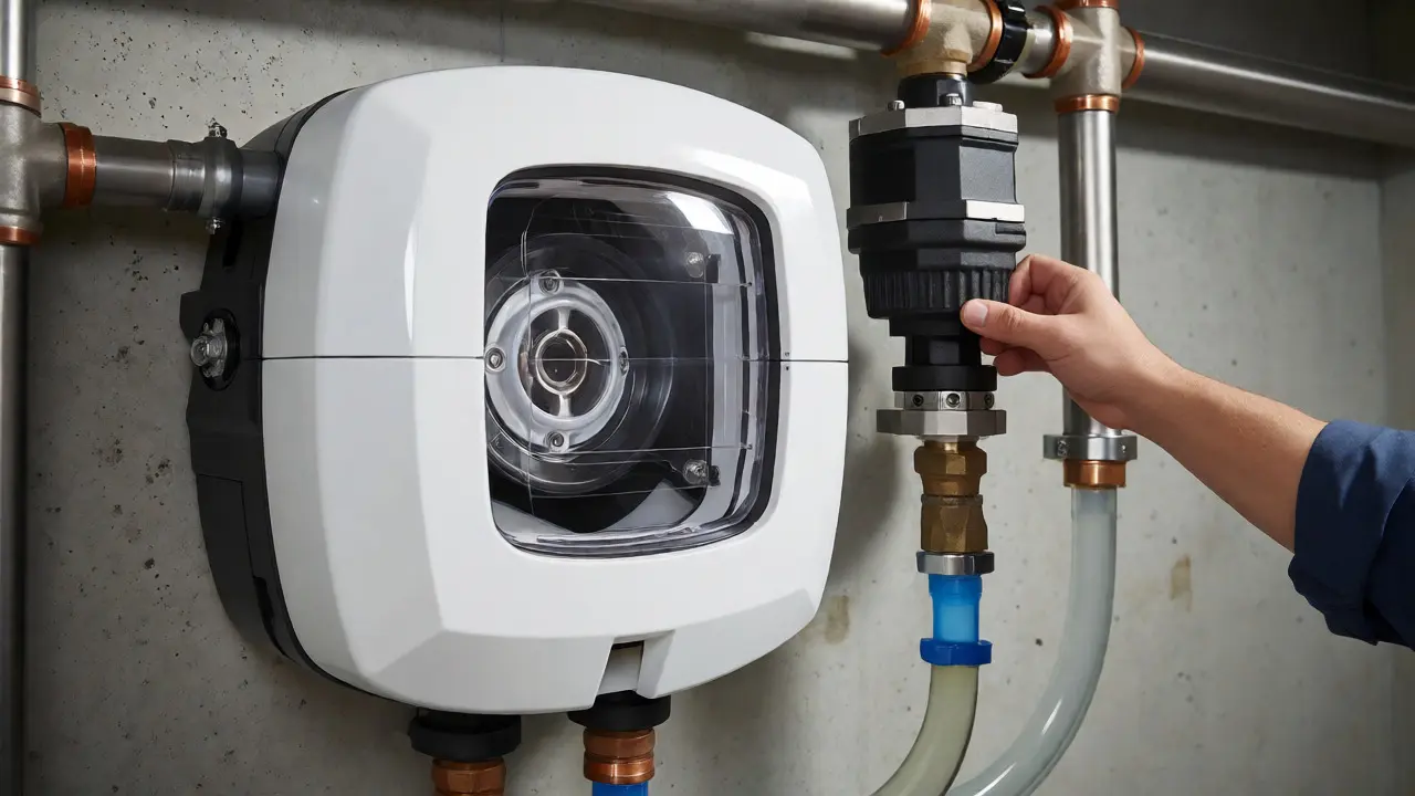 Technische Abwasserhebeanlage im Keller während der Wartung durch einen Fachmann
