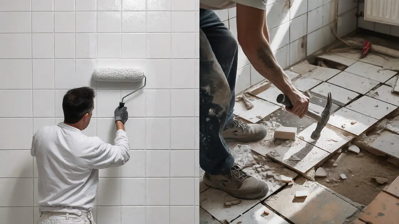 Vergleich: Fliesen lackieren links und Fliesen abschlagen rechts