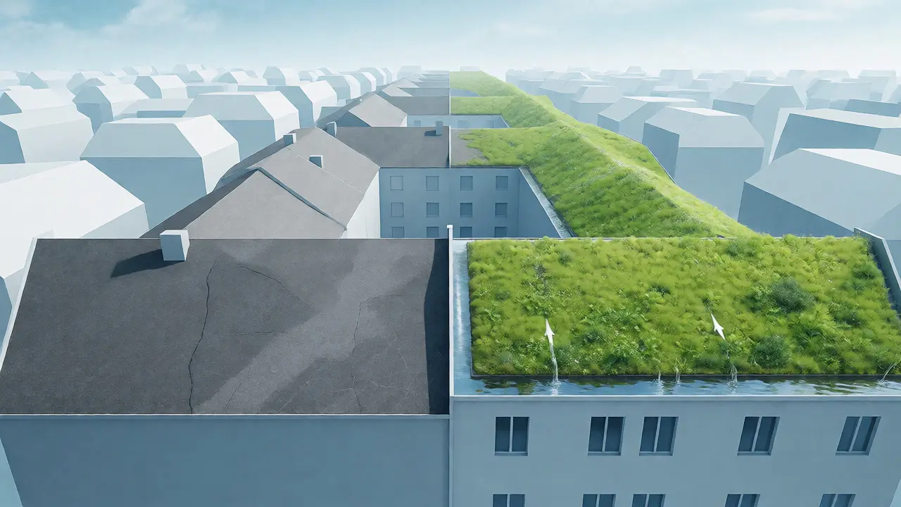 Vergleich von grauem Asphalt- und grünem Retentionsdach