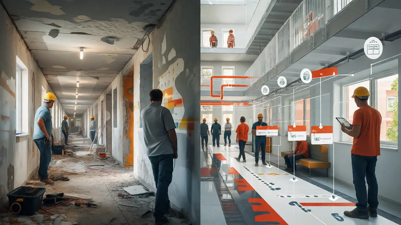 Vergleich zwischen chaotischer Baustelle und koordiniertem digitalen Workflow