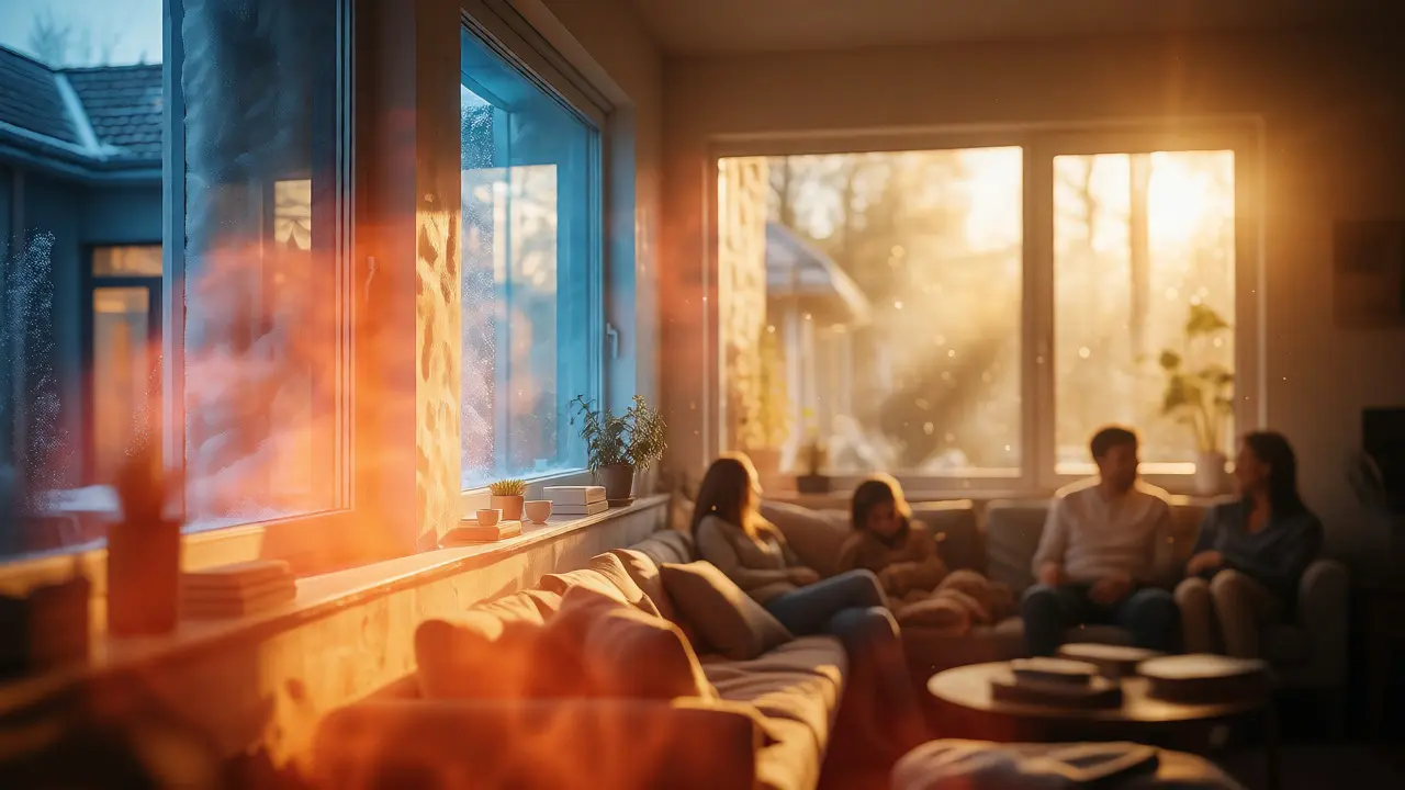 Wohnzimmer mit warmer Beleuchtung und isolierter Fassade gegen Kälte