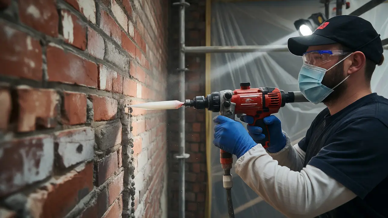 Worker injecting sealant into wall joints to stop rising moisture.